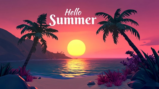 a colorful poster for hello summer with palm trees and sunset in the background