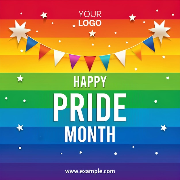 a colorful poster for pride month featuring a rainbow and stars