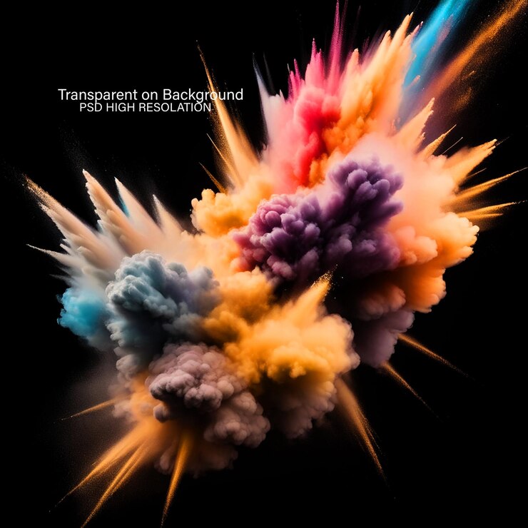 PSD colorful powder explosion happy holi festival of colors art concept on transparent background