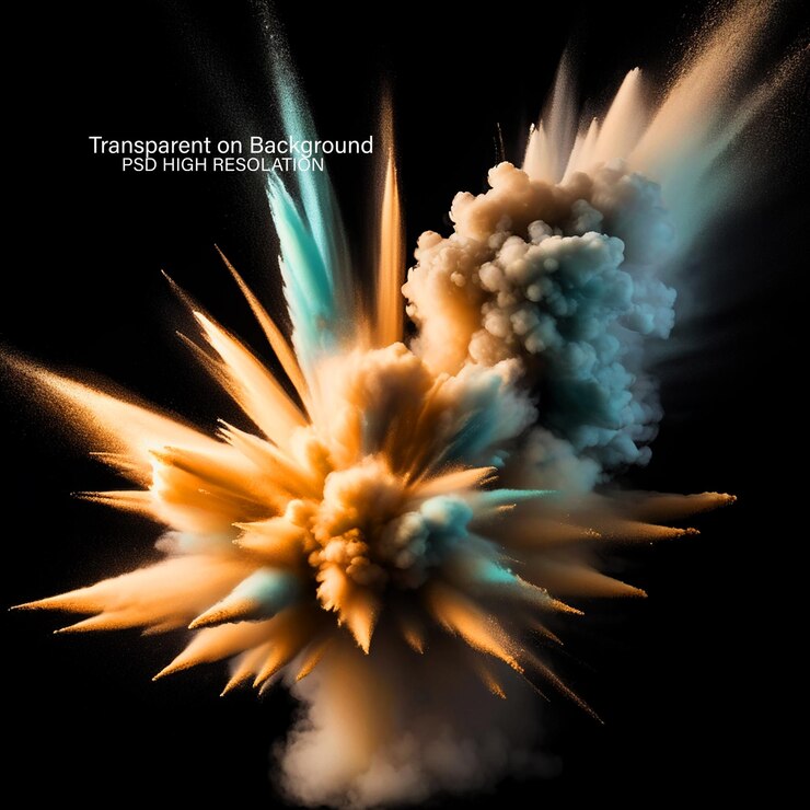 PSD colorful powder explosion happy holi festival of colors art concept on transparent background