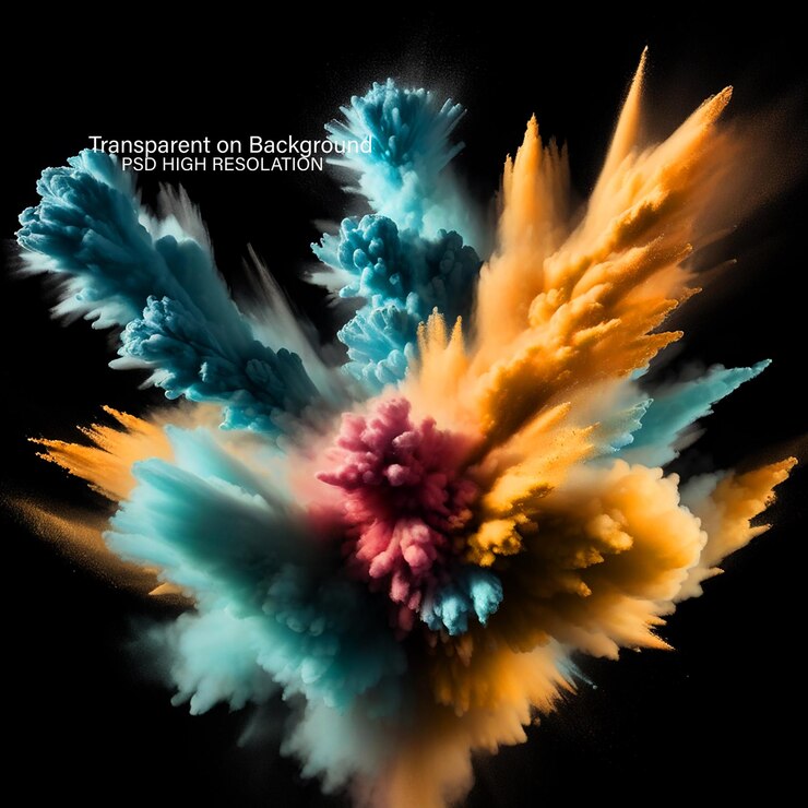 PSD colorful powder explosion happy holi festival of colors art concept on transparent background