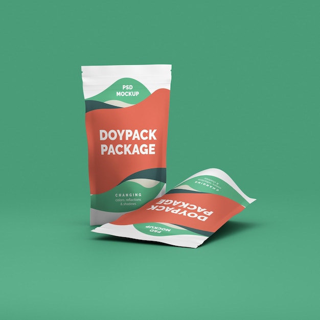 Colorful product doypack, foil pouch bags mockup for beauty products. side view