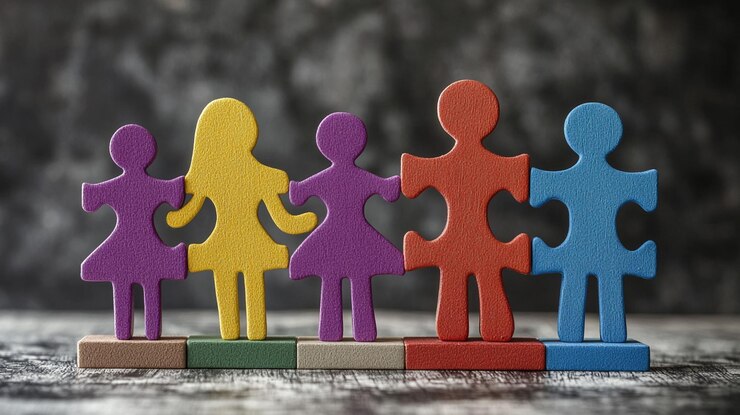 PSD colorful puzzle family figures standing together on a wooden surface