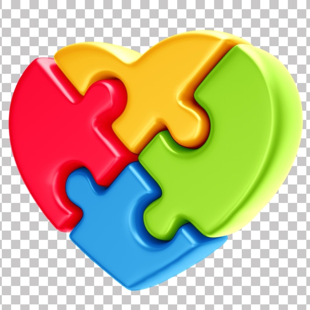 Colorful puzzle heart 3d render for autism awareness campaign april blue transparent background