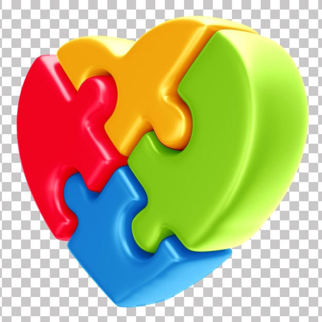 PSD colorful puzzle heart 3d render for autism awareness campaign april blue transparent background