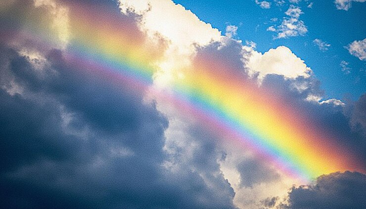 PSD colorful rainbow against a backdrop of clouds and blue sky with transparent elements