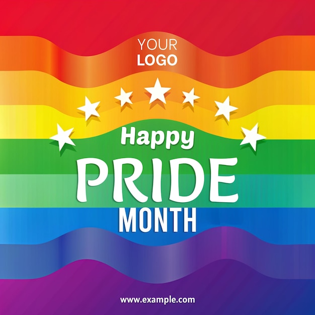 a colorful rainbow with stars and the words happy pride month