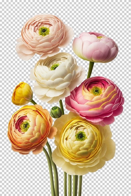 Colorful ranunculus bouquet flowers on a transparent background