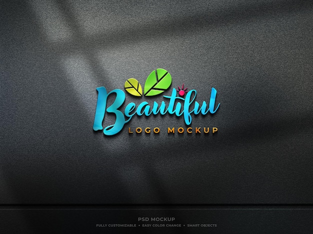 PSD colorful reflective glass logo mockup with shadow