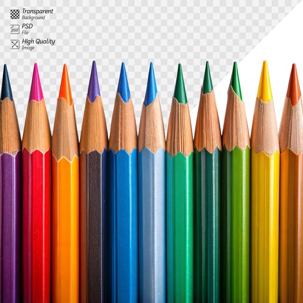 PSD colorful row of sharpened pencils isolated on transparent