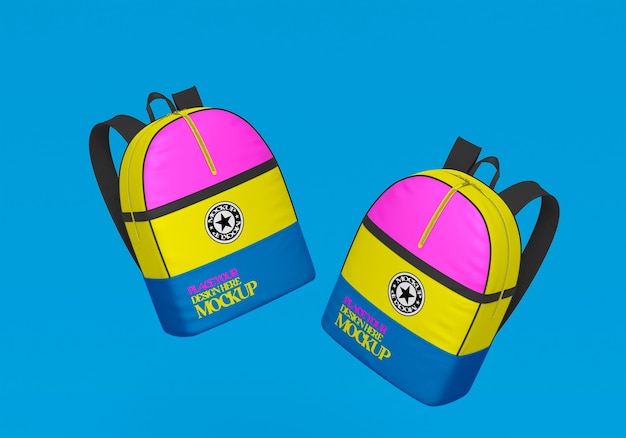 PSD colorful school backpacks floating