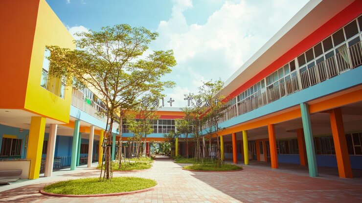PSD 화려 한 건물 들 과 은 푸른 풍경 이 있는 화려 한 학교 안