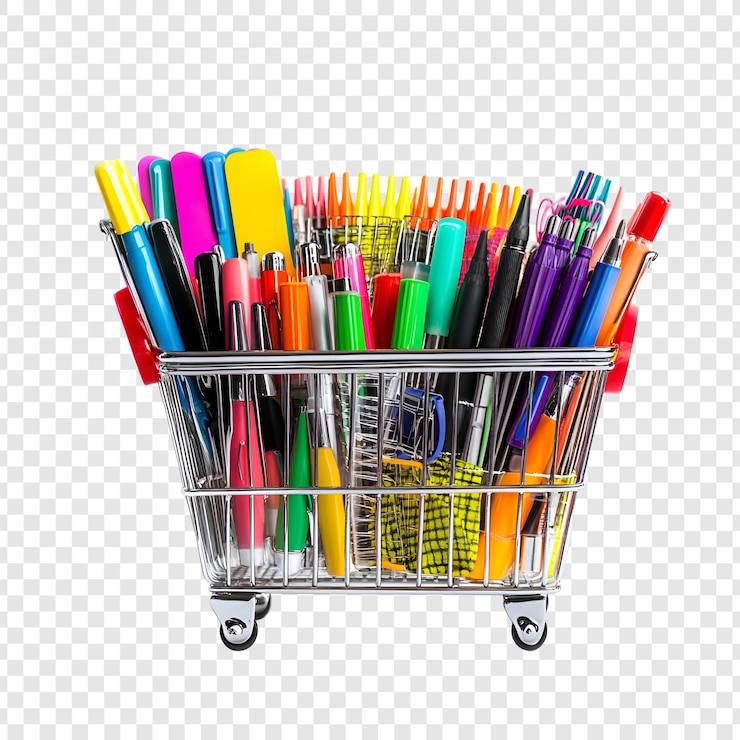PSD カラフルな学校用品 ショッピングカート 学校に戻る 文具 透明なpsdファイルに隔離された