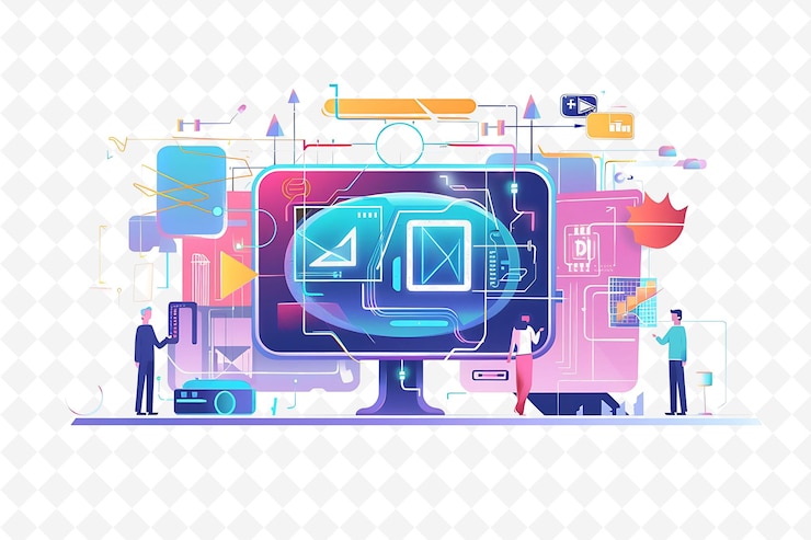 PSD a colorful screen with a man standing in front of it and the number 4 on it