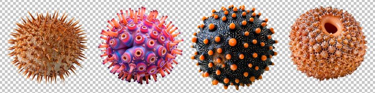 PSD colorful sea urchin specimens isolated on transparent background