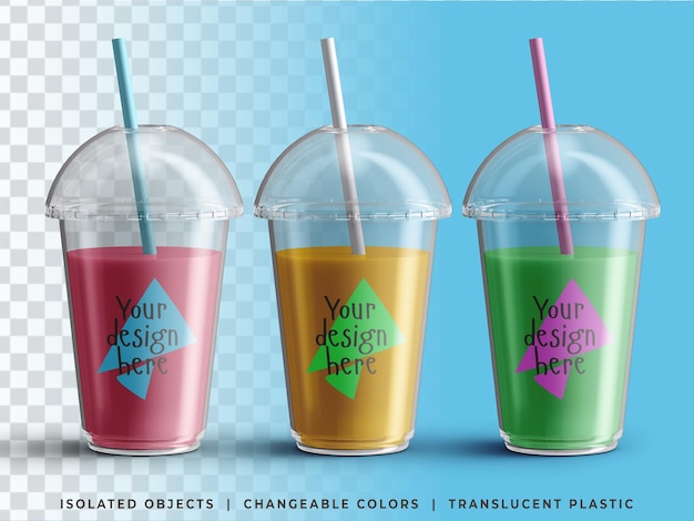 colorful set of plastic disposable takeaway cold summer smoothie drink transparent cup packaging