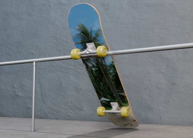 Colorful skateboard laying on steel bar