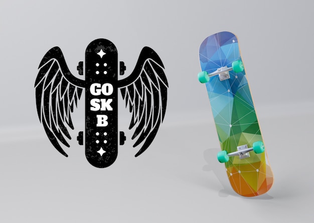 Colorful skateboard with angel wings logo