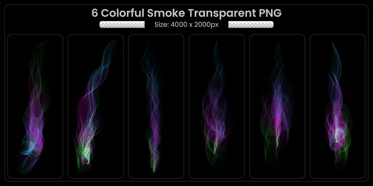 PSD 黒の背景にカラフルな煙の火炎の透明なコレクション