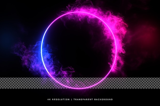 Colorful smoke and neon glowing circle on transparent background