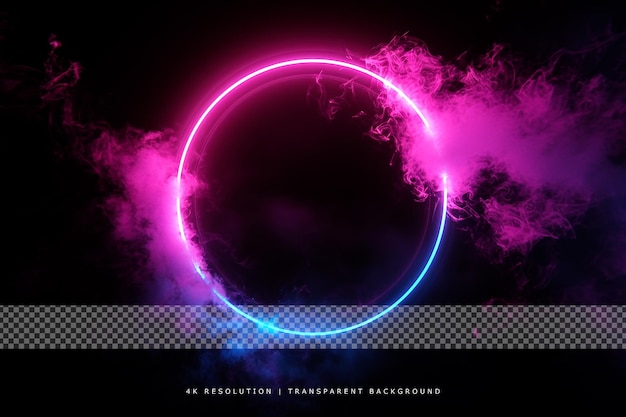 Colorful smoke and neon glowing circle on transparent background