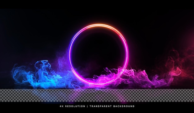 colorful smoke and neon glowing circle on transparent background