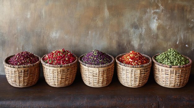 colorful spices in woven baskets on a rustic surface