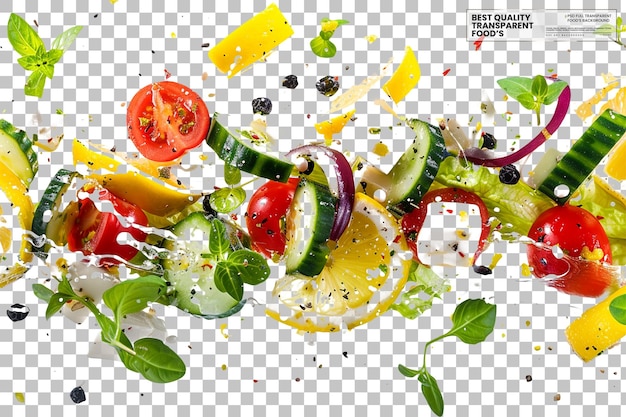 colorful spicy greek salad soaring in lemon oregano dressing on transparent background