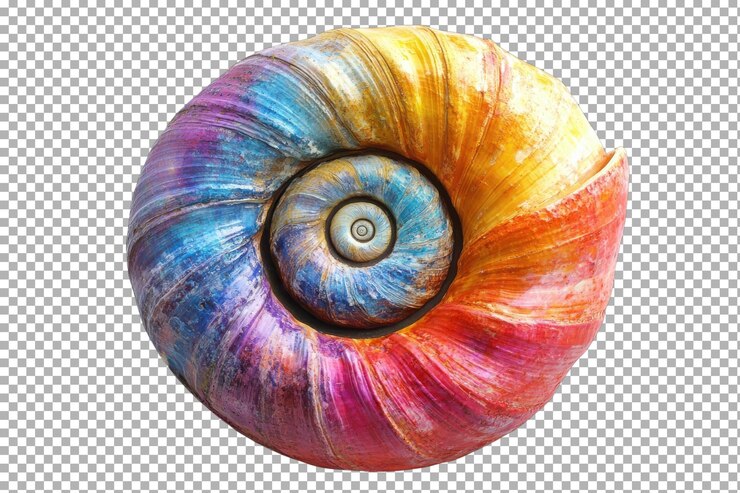 PSD colorful spiral seashell displaying vibrant hues of blue orange and pink against a white background