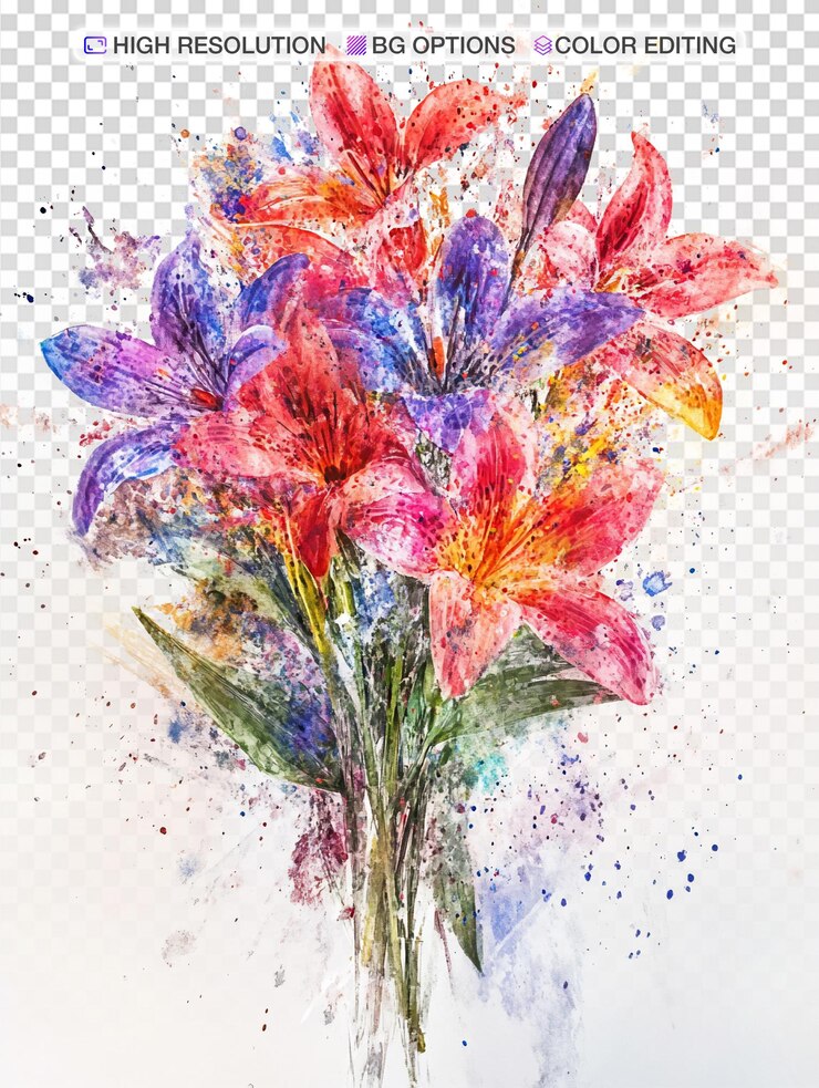 PSD colorful spring flower bouquet in vibrant watercolor style