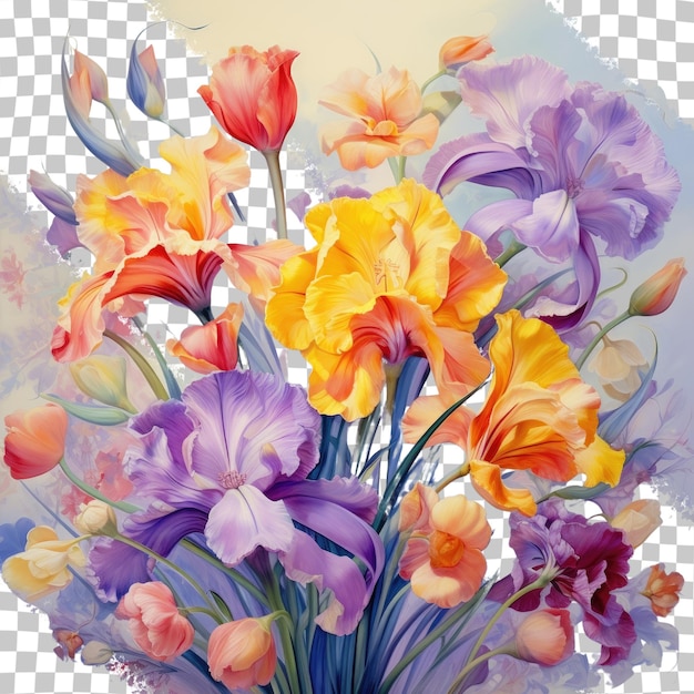 PSD Красочные весенние цветы тюльпаны ирисы на прозрачном фоне