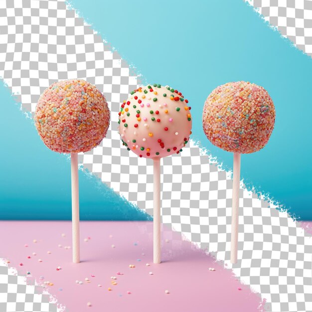 PSD colorful sprinkles adorn three cakepops against a transparent background