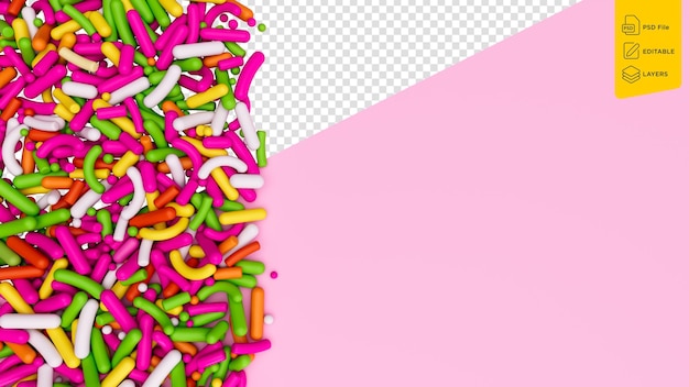 PSD colorful sprinkles on pink background top view 3d illustration