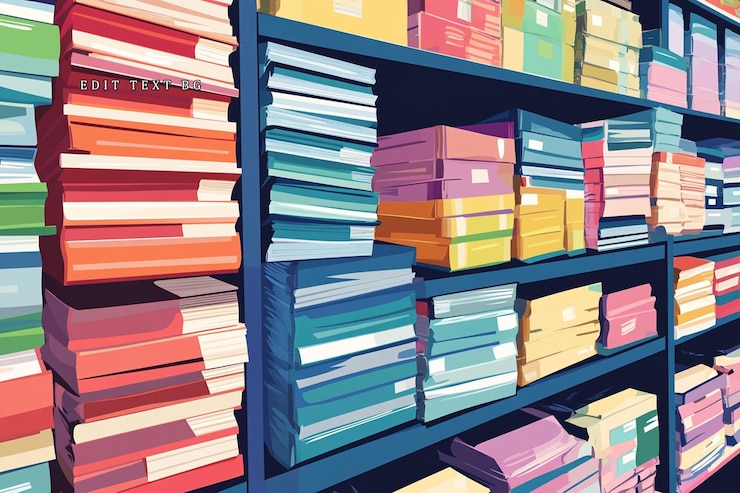 PSD colorful stacks of books and papers on shelves in a bookstore or office supply store