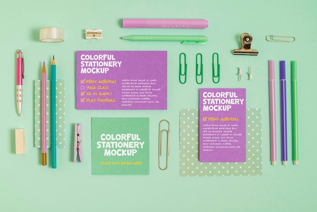 PSD colorful stationery set mockup