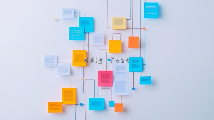 PSD colorful sticky notes connected by lines on a white wall representing a network or workflow