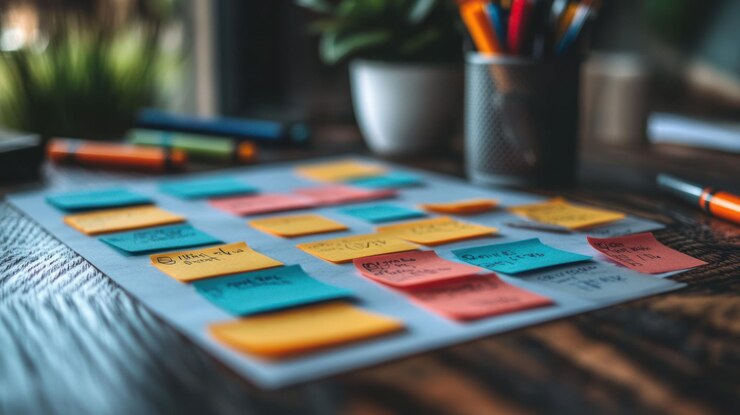 PSD colorful sticky notes on a desk with pens a plant and a notebook in the background