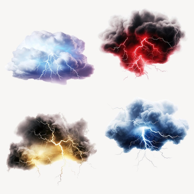 PSD colorful storm clouds with lightning design element psd set