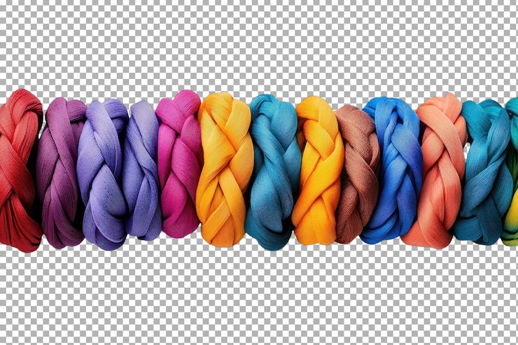 PSD colorful strands of braided fabric arranged in a vibrant display for crafting and design projects