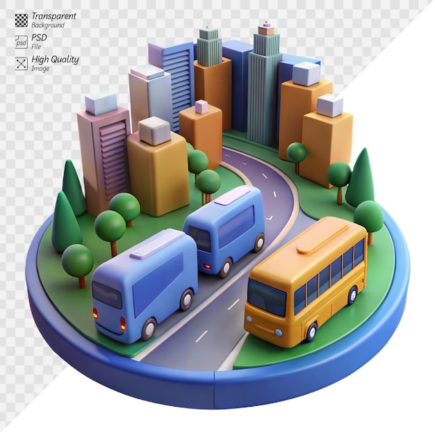 PSD colorful stylized cityscape with buses on curved roads