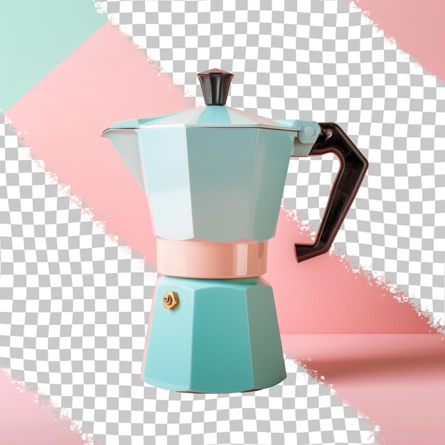 A colorful teapot with a blue and pink background with a green and pink design