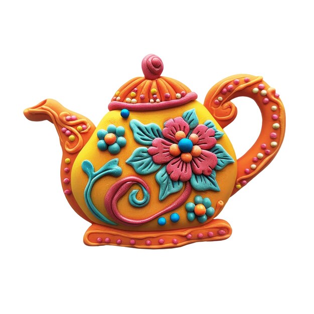 PSD a colorful teapot with flowers on it and a pink flower on the top