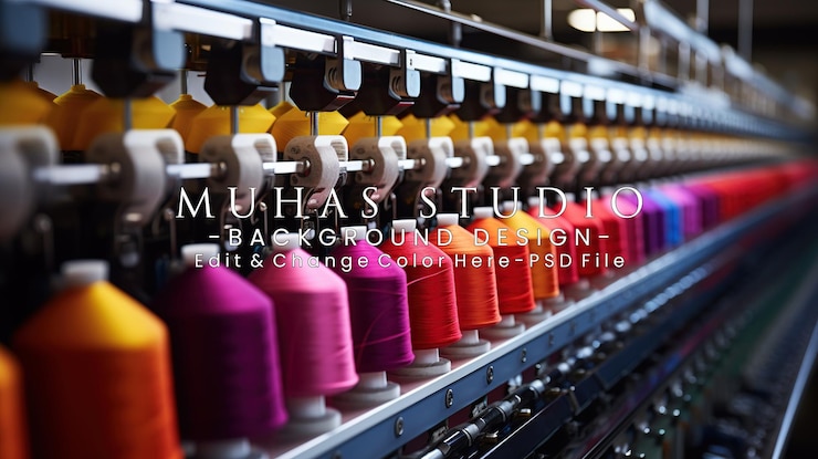 PSD colorful thread spools on industrial sewing machine