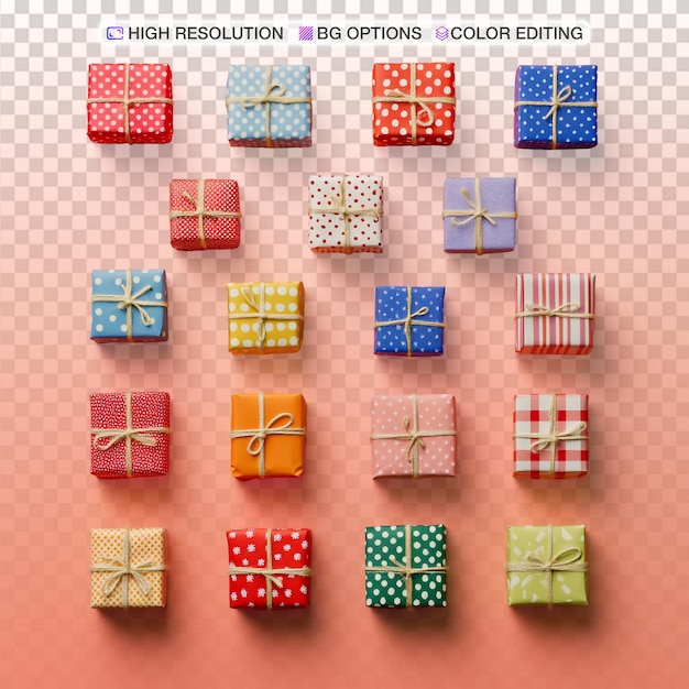 colorful tiny gift boxes arranged on a plain background