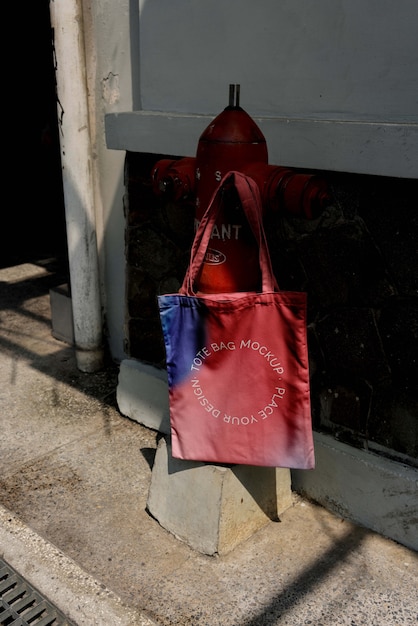 PSD colorful tote bag mock-up outdoors on golden hour