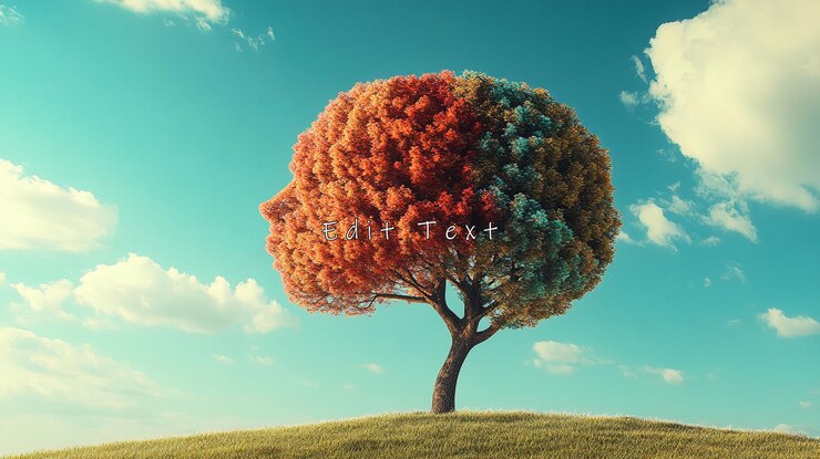 PSD colorful tree shaped like a head on a hill under a blue sky