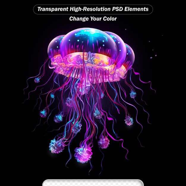 PSD colorful tropical jellyfish with neon colors transparent