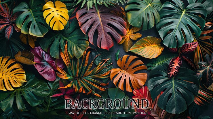 PSD colorful tropical leaves on black background