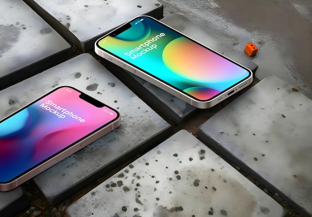 Colorful_two smartphone_iphone 14_sitting_on_a_concrete_surface_in_the_style mockup