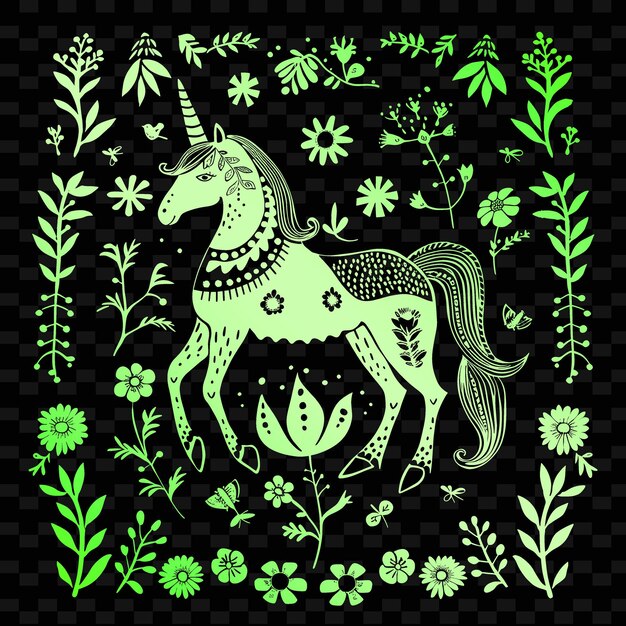 PSD a colorful unicorn with flowers and green grass on a black background